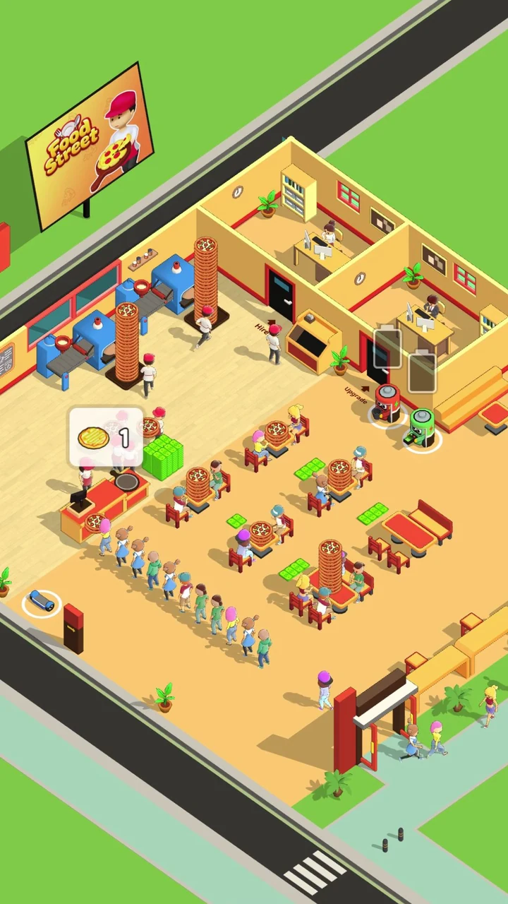 A bustling Pizza Hustle restaurant in a promotional scene